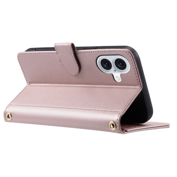 Husă cu clapetă pentru iPhone 16, Rhombus Crossbody Leather, roz rose gold