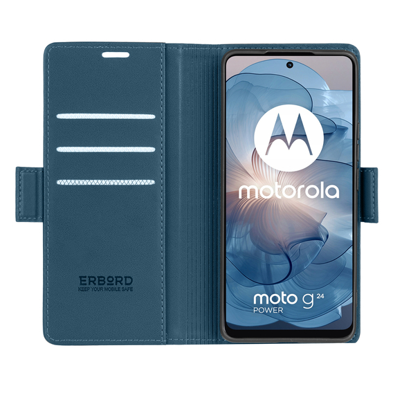 Husă pentru Motorola Moto G24 / Moto G04, ERBORD Glossy Litchi, portofel cu clapetă, albastru