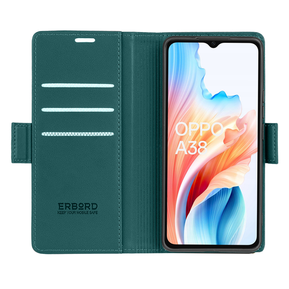 Husă pentru Oppo A18 4G / A38 4G, ERBORD Glossy Litchi, portofel cu clapetă, verde