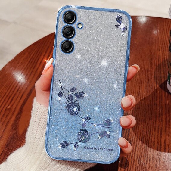 Husă pentru Samsung Galaxy A35 5G, Glitter Flower, albastru