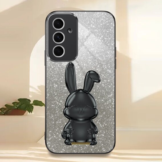 Husă pentru Samsung Galaxy A55 5G, Glitter Rabbit, cu suport glisant, negru