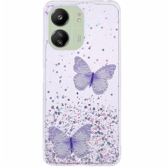 Husă pentru Xiaomi Redmi 13C / Poco C65, Glitter Butterfly, violet