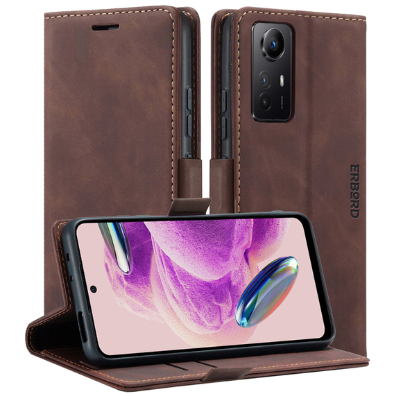 Husă pentru Xiaomi Redmi Note 12S, ERBORD Vintage, portofel cu clapetă, cafea