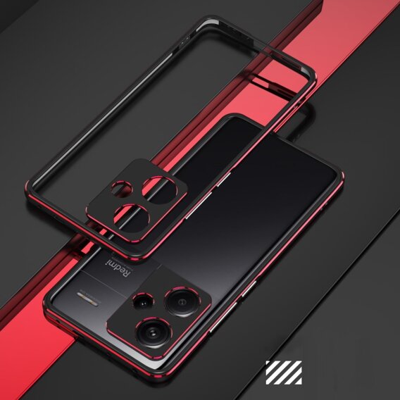 Husa pentru Xiaomi Redmi Note 13 Pro+, Armor Bumper, cu capac pentru obiectiv, negru / roșu