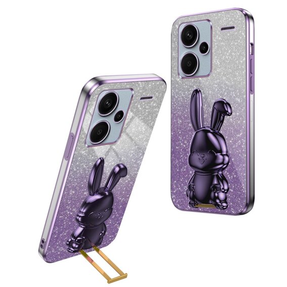 Husă pentru Xiaomi Redmi Note 13 Pro+, Glitter Rabbit, cu suport glisant, violet