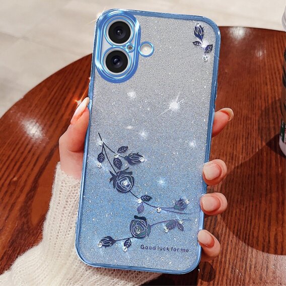 Husă pentru iPhone 16 Plus, Glitter Flower, albastru