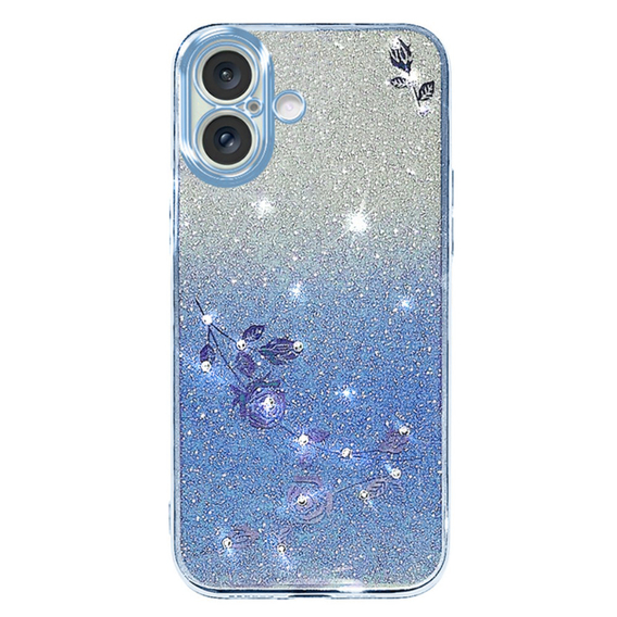 Husă pentru iPhone 16 Plus, Glitter Flower, albastru