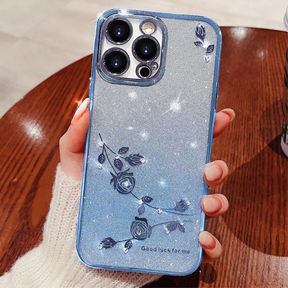 Husă pentru iPhone 16 Pro, Glitter Flower, albastru