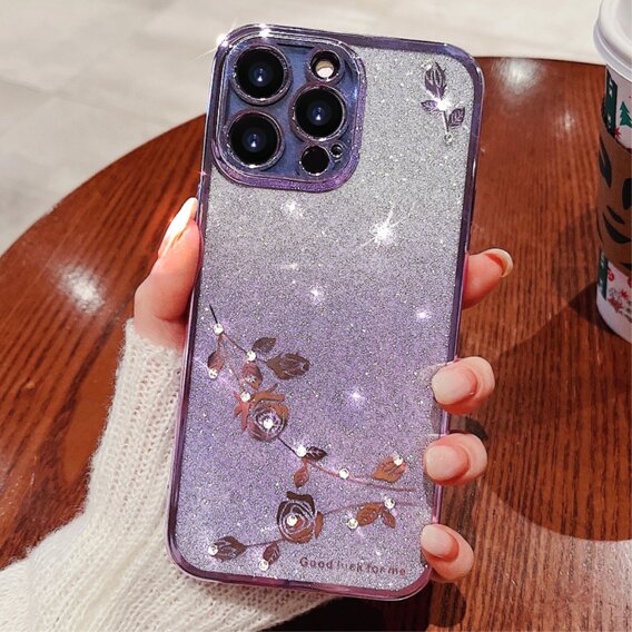 Husă pentru iPhone 16 Pro, Glitter Flower, violet