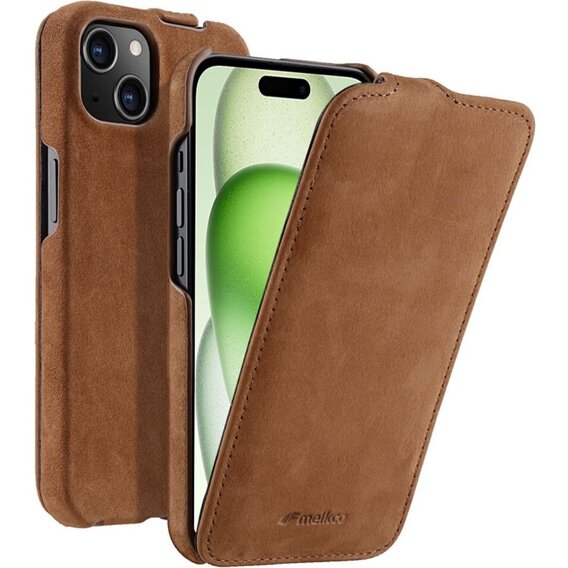 MELKCO carcasă flip pentru iPhone 15 Plus, piele, flip, cafea