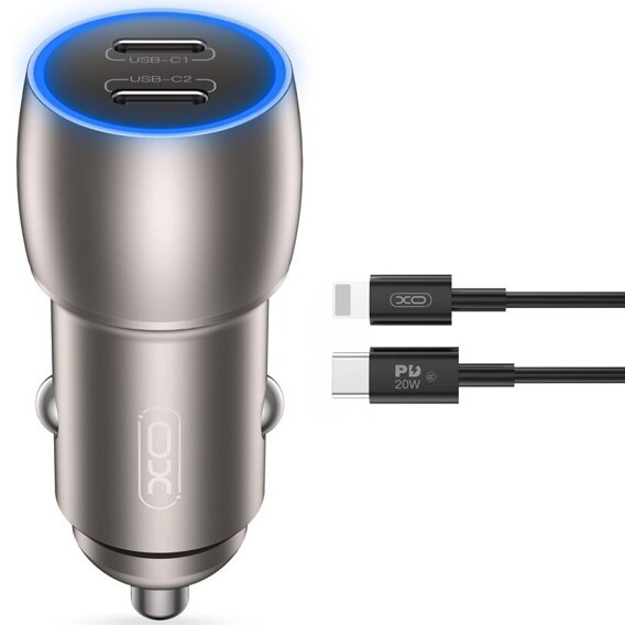 XO CC51 40W 2x încărcător auto USB Type-C + cablu Type-C la Lightning, gri