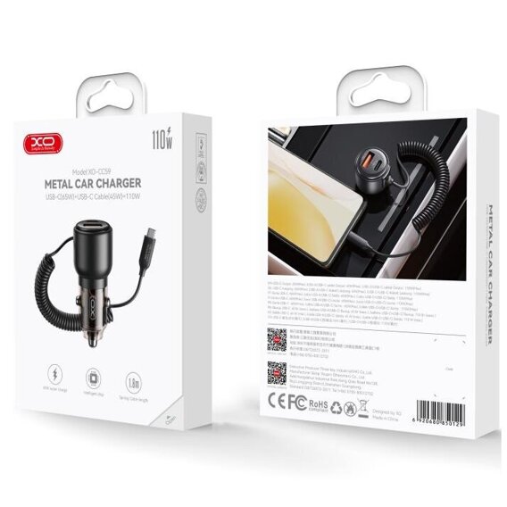 XO CC59 USB-A-Type-C 65W încărcător auto + cablu Type-C, negru