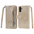 Cu clapetă pentru Samsung Galaxy A35 5G, Wallet Zipper Pocket Glittery, de aur