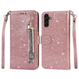 Cu clapetă pentru Samsung Galaxy A35 5G, Wallet Zipper Pocket Glittery, roz rose gold