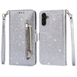 Cu clapetă pentru Samsung Galaxy A55, Wallet Zipper Pocket Glittery, de argint