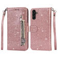 Cu clapetă pentru Samsung Galaxy A55, Wallet Zipper Pocket Glittery, roz rose gold