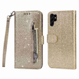 Cu clapetă pentru Samsung Galaxy S24 Ultra, Wallet Zipper Pocket Glittery, de aur