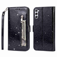 Cu clapetă pentru Samsung Galaxy S24, Wallet Zipper Pocket Glittery, negru