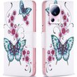 Cu clapetă pentru Xiaomi 13 Lite, Wallet, butterfly & flowers, alb