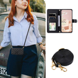 Husă cu clapetă pentru iPhone 16, Rhombus Crossbody Leather, negru