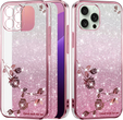 Husă pentru iPhone 16 Pro, Glitter Flower, roz rose gold